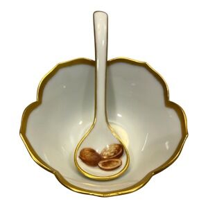 Vtg Hand Painted Porcelain Nut Bowl and Spoon Set Gold Trim Signed LCW 1973-74